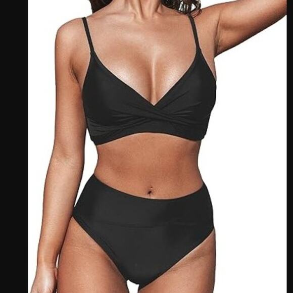 Cupshe Brand NWT Women's XL Black Two Piece Bikini Swimsuit High Waisted - Picture 1 of 3